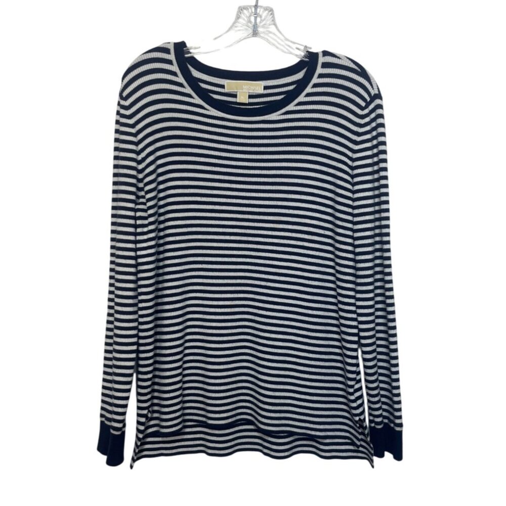 Michael Kors Thermal Striped Knit Shirt Top Womens XL Navy White Warm